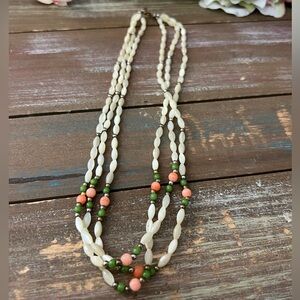 vintage mother of pearl, angel skin coral & green jade necklace